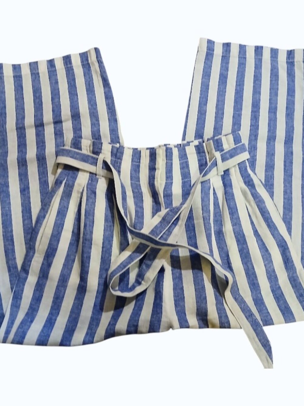 J. CREW Blue & White Linen Stripe Crop Paperbag Waist with Tie Pants - EUC - Picture 5 of 13